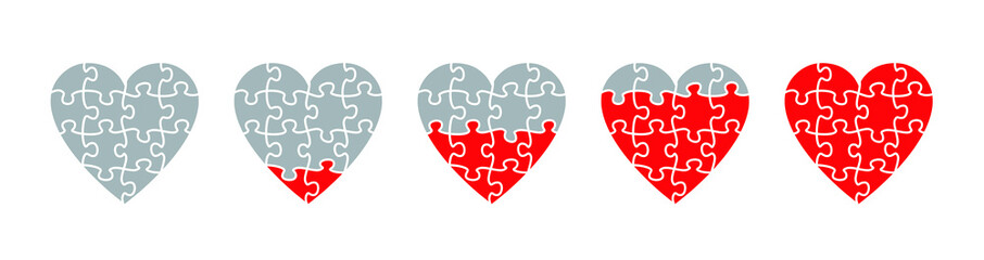 Set of vector hearts. Filling the heart with love. The heart is assembled from a puzzle. Winning red hearts for games. Badges, icons for winning poker, roulette, blackjack, lottery. 1, 1/2, 1/3, 1/5.