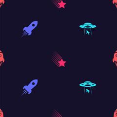 Set UFO abducts cow, Rocket ship with fire, Falling star and on seamless pattern. Vector