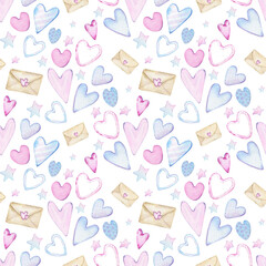 Vintage brown envelopes with pink and blue hearts. Watercolor Valentine's Day background of letters. Seamless pattern.