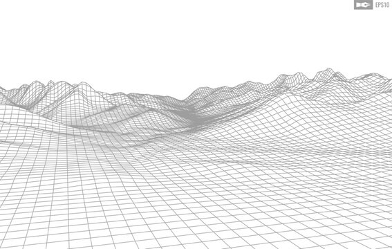 Wireframe landscape on white background. Abstract geometric vector technology background. 3d vector digital background.