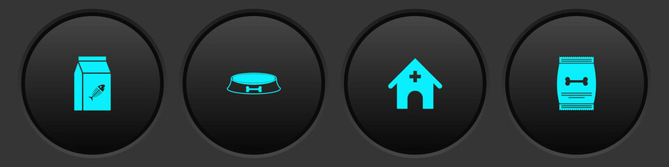 Set Bag of food for cat, Pet bowl, Veterinary medicine hospital and pet icon. Vector