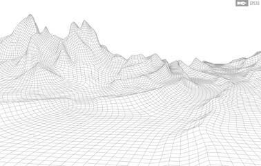 Wireframe landscape on white background. Abstract geometric vector technology background. 3d vector digital background.