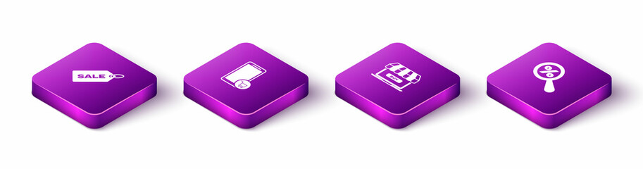 Set Isometric Price tag with Sale, Mobile and shopping cart, Online and Magnifying glass percent icon. Vector