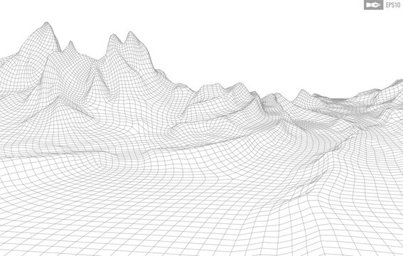 Wireframe landscape on white background. Abstract geometric vector technology background. 3d vector digital background.