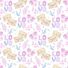 Vintage envelopes with hearts and floral elements. Watercolor Valentine's Day background of letters. Seamless pattern.