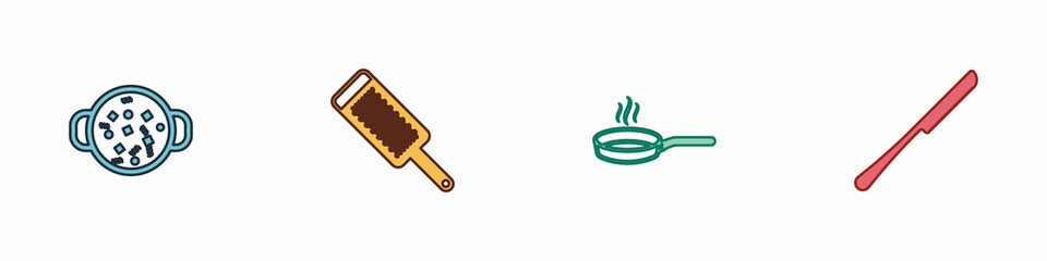 Set Cooking soup in pot, Grater, Frying pan and Knife icon. Vector