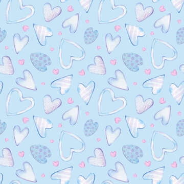 Watercolor hearts background. Hand-drawn Valentine's day blue seamless pattern. Cute hearts illustration
