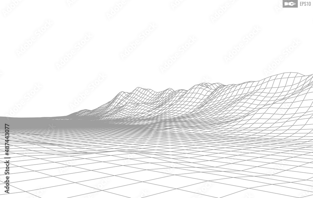 Poster wireframe landscape on white background. abstract geometric vector technology background. 3d vector 