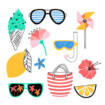 Various bright items for summer holidays. Fruits and snacks. Accessories drawn in a flat style. Black and white fruits. Vector illustration isolated on white background.