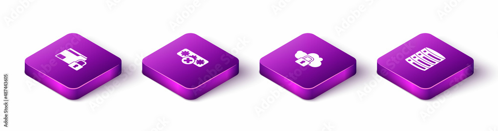 Poster set isometric folder and lock, password protection, cloud computing and server, data, web hosting ic