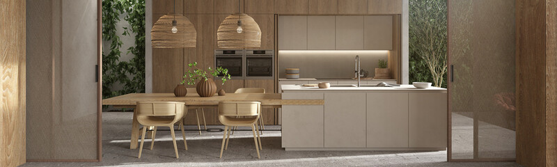 Modern interior boho scandinavian design kitchen and dining room. Banner web. 3d render illustration with wood furniture, green wall plants. © Viktoria Kovalchuk