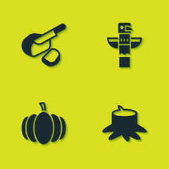Set Peameal bacon, Tree stump, Pumpkin and Canadian totem pole icon. Vector