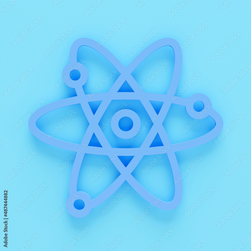 Poster 3d render of atom structure radiating energy. flat 3d render of atom isolated on colour background