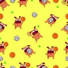 vector illustration of a funny pattern seamless pug dog athlete with a ball. tennis, basketball, football