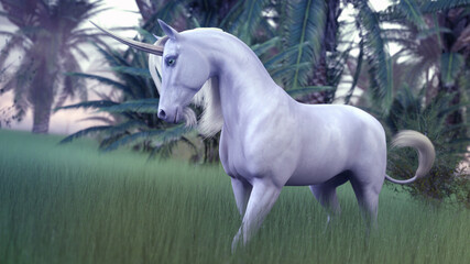 Obraz na płótnie Canvas A 3d digital render of a white unicorn in the tall jungle grass.