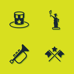 Set Patriotic American top hat, flag, Trumpet and Statue of Liberty icon. Vector