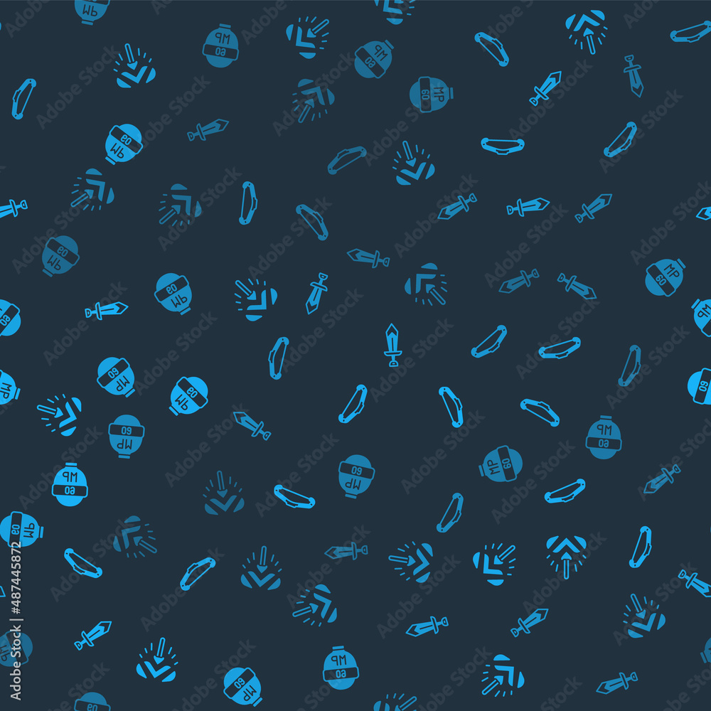 Poster set magic arrow, medieval bow, sword for game and video bar on seamless pattern. vector