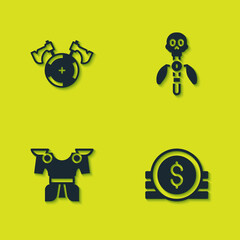 Set Medieval shield with axe, Ancient coin, Body armor and Magic staff icon. Vector