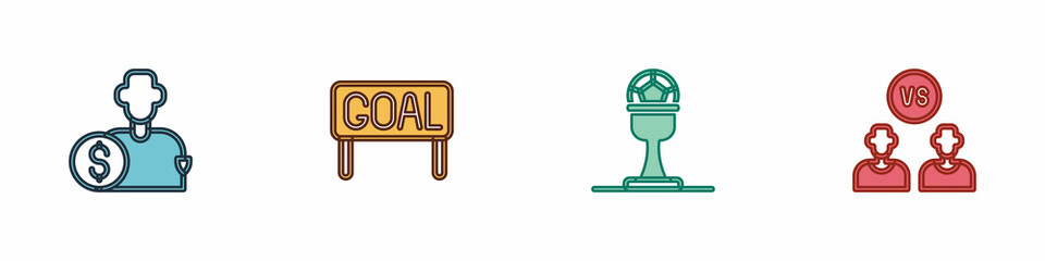 Set Buy football player, Goal soccer, Award cup and and Football or icon. Vector