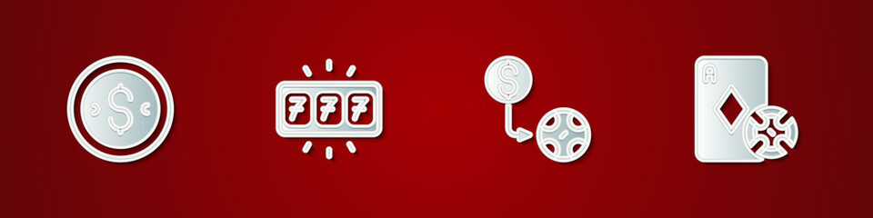 Set Coin money with dollar, Slot machine jackpot, Casino chips exchange and and playing cards icon. Vector