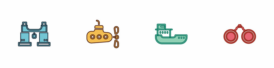 Set Binoculars, Submarine, Cargo ship and icon. Vector