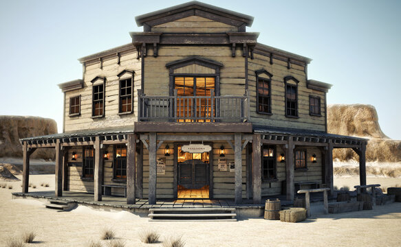 
Western town saloon lit up and open for business with a mountainous background. 3d rendering.
