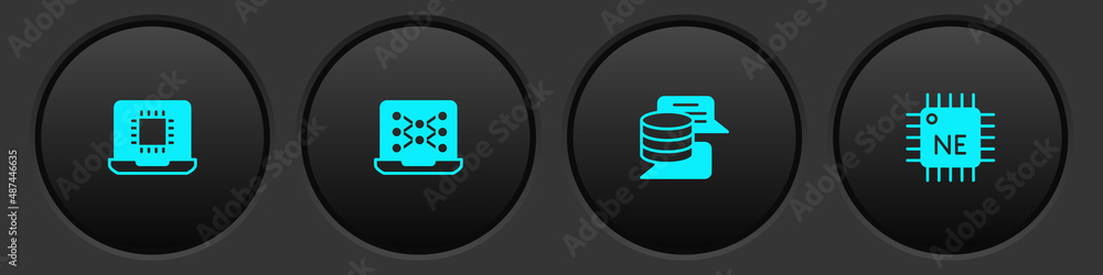 Poster set processor cpu, neural network, server, data and icon. vector
