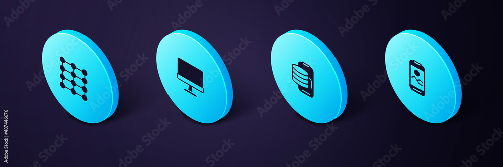 Poster set isometric mobile phone, cloud technology data transfer, computer monitor and neural network icon