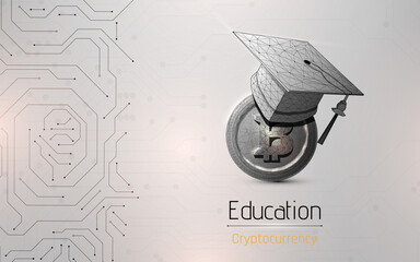 International Graduation cap on Bitcoin Cryptocurrency. Bitcoin is modern of Exchange Digital payment, Education certificate of Abroad program .modern electronic money, wireframe, plexus, dot, vector
