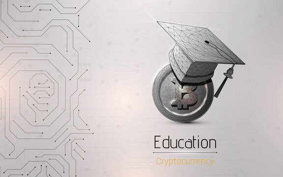 International Graduation cap on Bitcoin Cryptocurrency. Bitcoin is modern of Exchange Digital payment, Education certificate of Abroad program .modern electronic money, wireframe, plexus, dot, vector