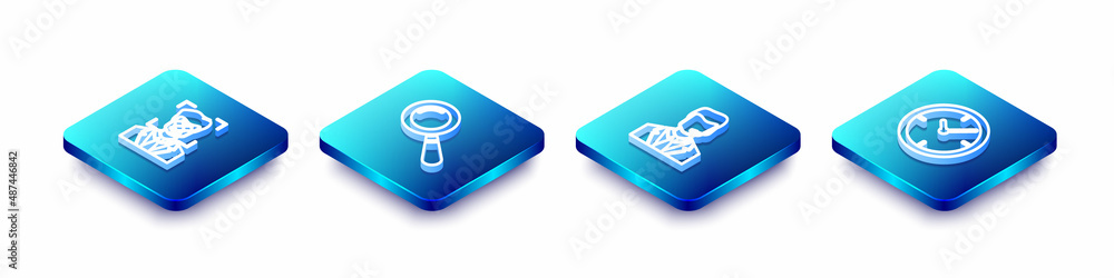 Poster set isometric line face recognition, magnifying glass, man with headset and clock icon. vector