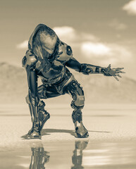 master alien is showing the way in the desert after rain