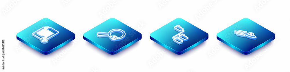 Poster set isometric line unknown document, search, folder tree and ufo flying spaceship and alien icon. ve