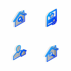 Set Isometric line House contract, Search house, Realtor and with key icon. Vector