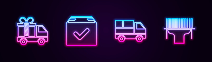 Set line Delivery truck with gift, Package box check mark, boxes and Scanner scanning bar code. Glowing neon icon. Vector