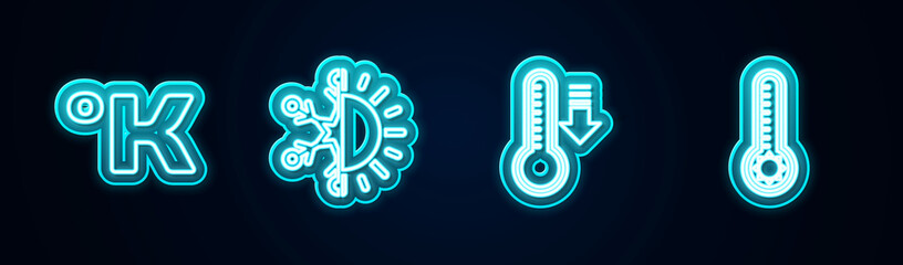 Set line Kelvin, Sun and snowflake, Meteorology thermometer and . Glowing neon icon. Vector