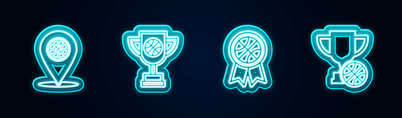 Set line Location with basketball ball, Award cup, Basketball award and . Glowing neon icon. Vector