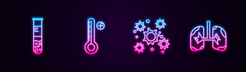 Set line Test tube and flask, Medical digital thermometer, Bacteria and Lungs. Glowing neon icon. Vector
