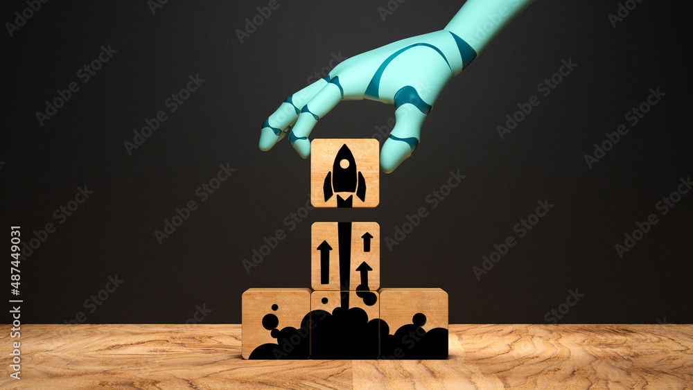 Wall mural robot arm moving a cube with a rocket symbol, symbolizing a liftoff on wooden background