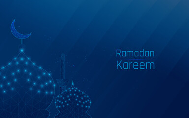 Futuristic glowing low polygonal Mosque. Translation: Ramadan Kareem - May Generosity Bless You During The Holy Month., light particles isolated on dark blue background.  concept. plexus, wireframe