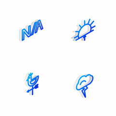 Set Isometric line Sunrise, Not applicable, Rooster weather vane and Storm icon. Vector