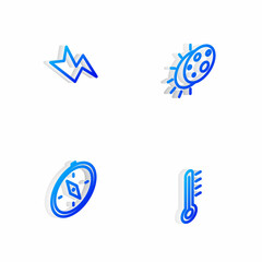 Set Isometric line Eclipse of the sun, Lightning bolt, Compass and Meteorology thermometer icon. Vector