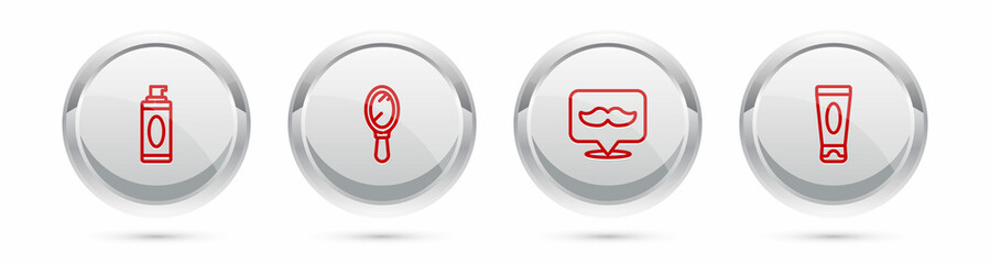 Set line Shaving gel foam, Hand mirror, Barbershop and Cream lotion cosmetic tube. Silver circle button. Vector