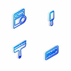 Set Isometric line Adhesive roller, Kitchen dishwasher machine, Rubber cleaner for windows and Bar of soap icon. Vector