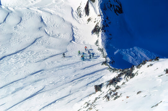 Free ride skiers skiing at off ski slope glacier region in Soelden, Austria.