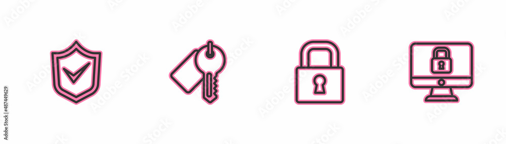 Poster set line shield with check mark, lock, marked key and on computer monitor icon. vector