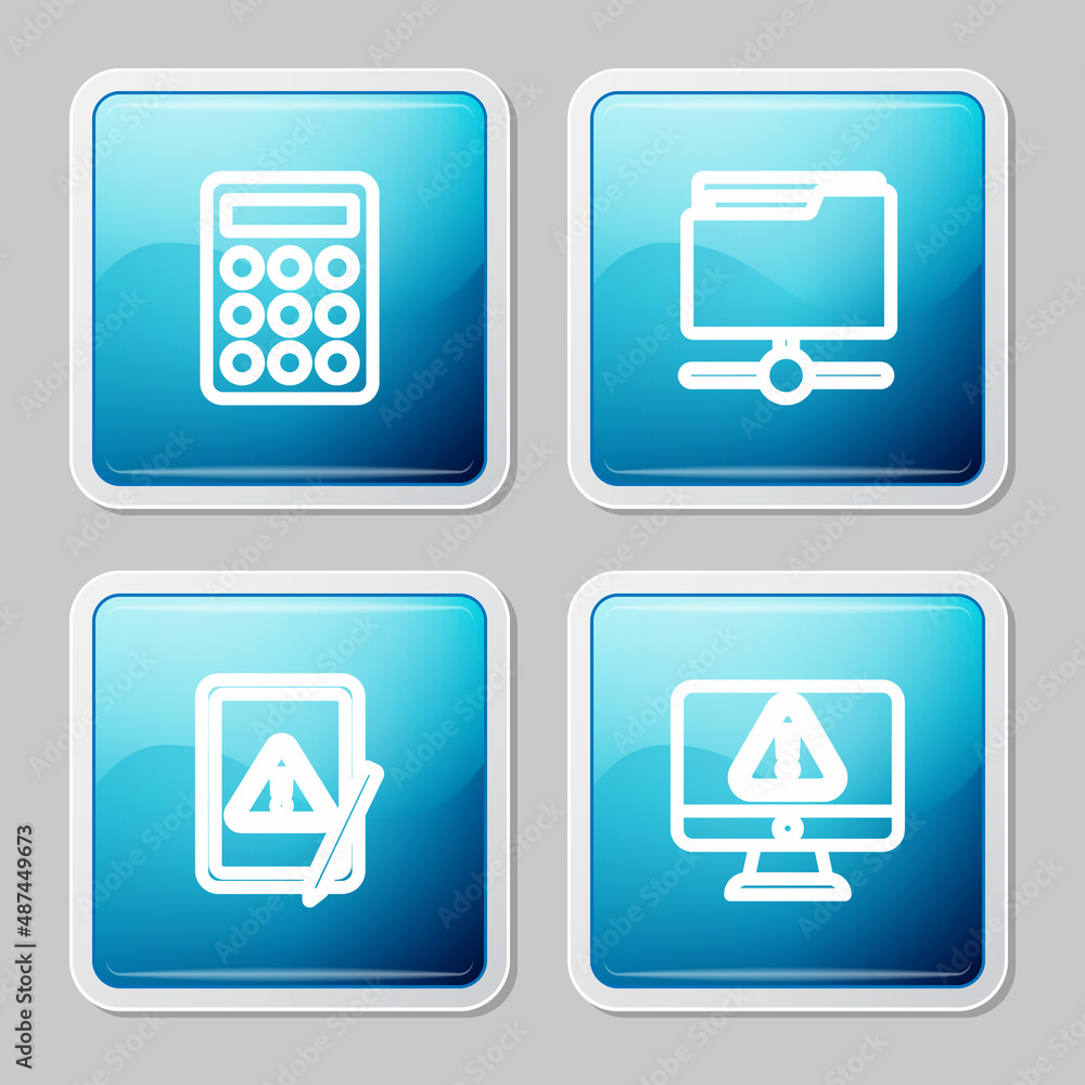 Poster set line password protection, ftp folder, tablet with exclamation mark and monitor icon. vector