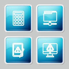 Set line Password protection, FTP folder, Tablet with exclamation mark and Monitor icon. Vector