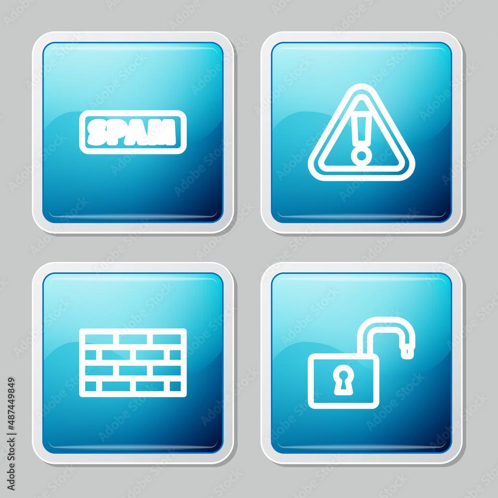 Poster set line spam, exclamation mark in triangle, firewall, security wall and open padlock icon. vector