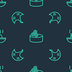 Set line Tin can with caviar, Stingray and Shark fin soup on seamless pattern. Vector